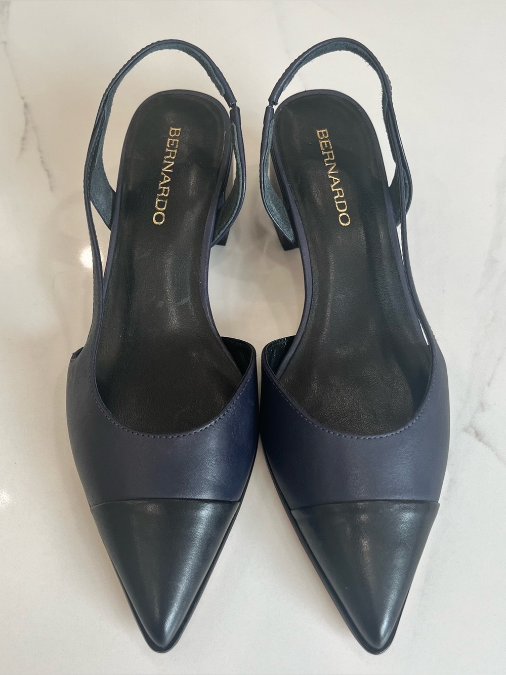 Bernardo Two-Tone Navy and Black Pointed Slingback Heels 6.5